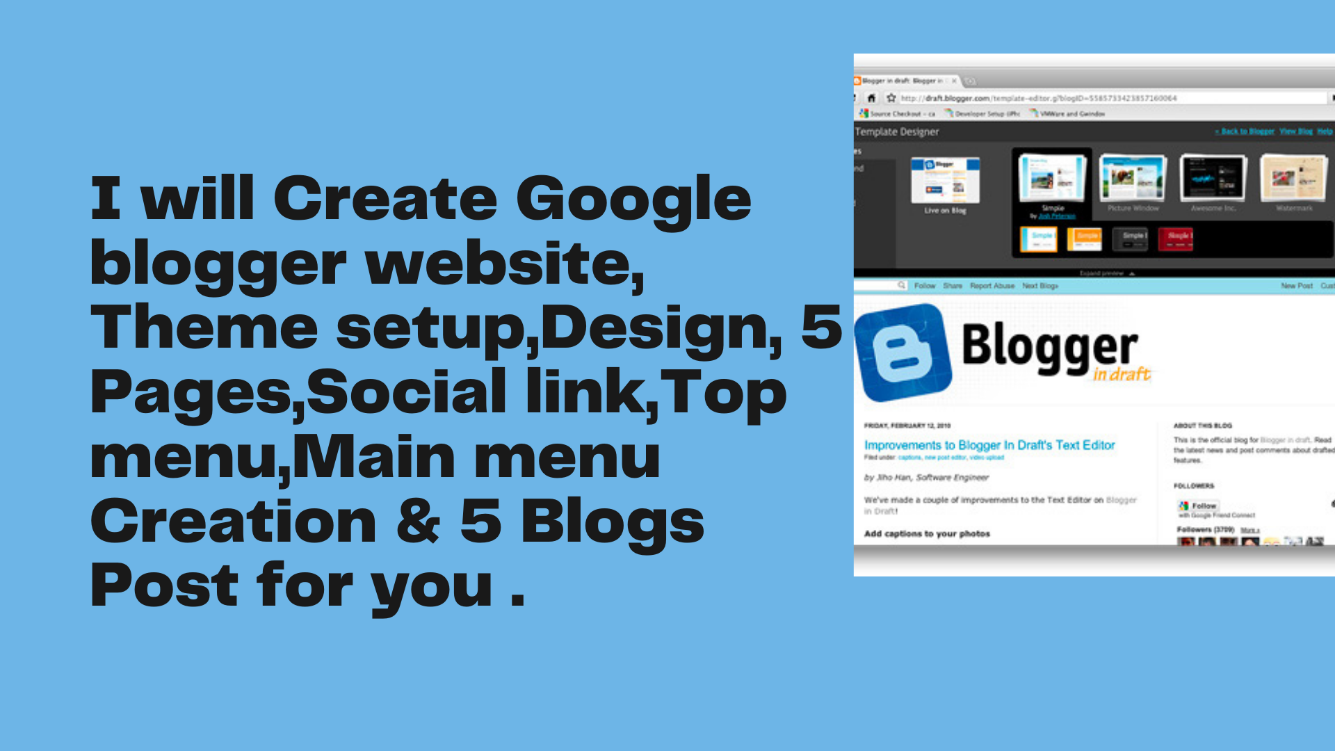 I will create a google blogger website, theme setup, design, pages,social link, manu creation & 5 bl