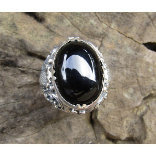 Silver ring flower motif patra bali stone carving blackonyx for 