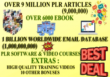 I Will Give You 9 Million Plr/mrr Articles 6000 Ebooks,  1 Billion Email Database for 1