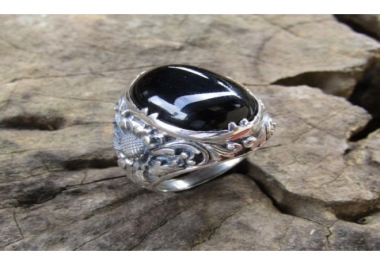 Silver ring flower motif patra bali stone carving blackonyx